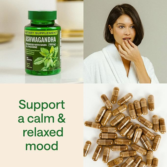 Ashwagandha, GABA, L-Theanine Supplement Complex – Ashwagandha Supplements for Sleep, Mood, Bodily Comfort – Ashwa 400mg, L Theanine 100 mg, 2.5X GABA 100mg – 60 Capsules