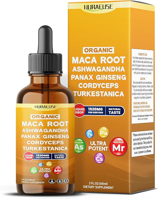 Organic Maca Root, Ashwagandha, Panax Ginseng, Cordyceps, Turkestanica Liquid Drops – 1520mg per Serving, Ultra Potent, USA Made & Lab Tested – 2 FL OZ (60ml)