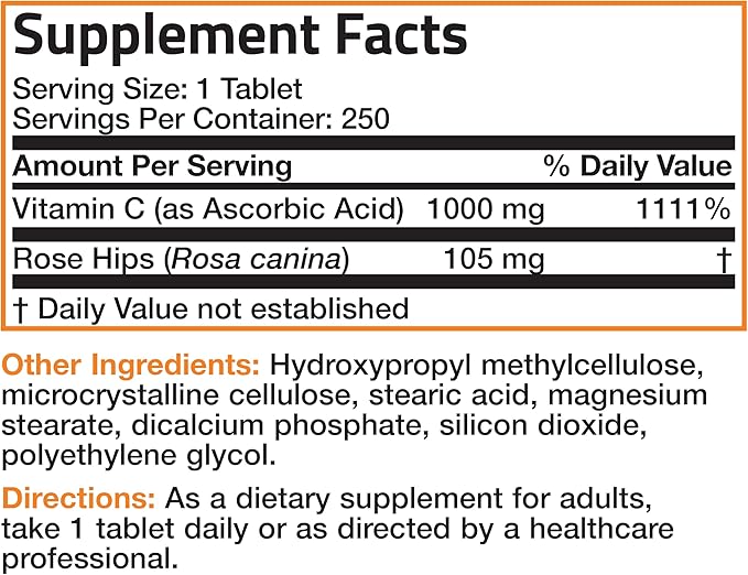 Bronson Vitamin C 1000 mg with Rose HIPS Sustained Release, 250 Tablets
