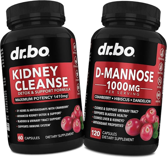 Kidney Cleanse & D Mannose Supplements - Kidney Detox Support Supplement, D-Mannose 500mg 1000mg Capsules - DMannose & Natural Cranberry to Support Kidneys, Bladder & Urinary Tract Health Supplements