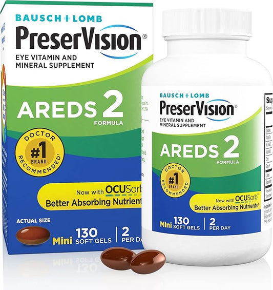 PreserVision AREDS 2 Eye Vitamin & Mineral Supplement with OCUSorb, with Lutein & Zeaxanthin From Bausch + Lomb, 130 Soft Gels (MiniGels)