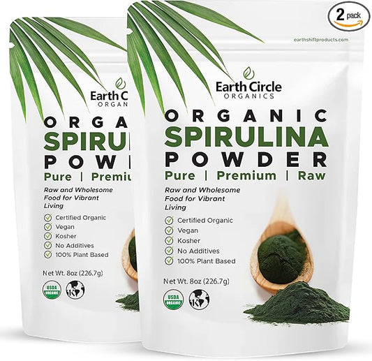 Earth Circle Organics Spirulina Powder, Kosher, Raw and Non-Irradiated | Pure Vegan Protein | Premium Energy Superfood, High in Amino Acids and Antioxidants - (8oz - 2Pack)