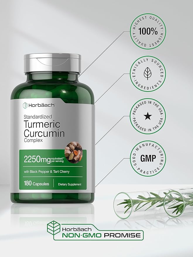 Horbäach Turmeric Curcumin Supplement | 2250mg | 180 Capsules | with Black Pepper & Tart Cherry | Non-GMO & Gluten Free