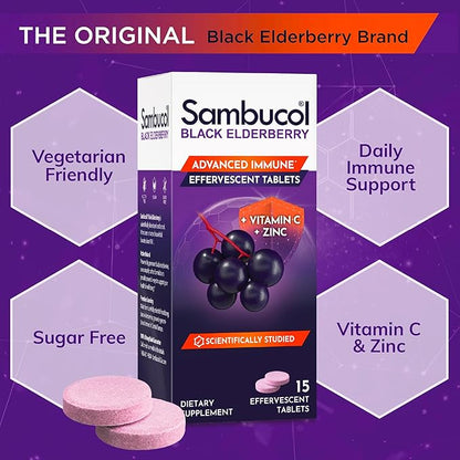 Sambucol Black Elderberry Tablets with Vitamin C & Zinc - Immune Support Supplement, Black Elderberry with Zinc and Vitamin C Effervescent Tablets, High Antioxidants, Drink Fizzies- 30 Count