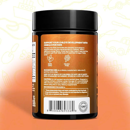 Kids Omega 3 Gummies - DHA & EPA Fish Oil Supplement for Brain, Vision & Immune Health - Non-GMO, Gluten-Free Orange Flavor Chewable Omega 3 for Kids Gummy 4+ - 60 Count