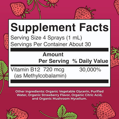 MaryRuth Organics Vitamin B12 Liquid Spray | Vegan, Non-GMO, Gluten-Free | USDA Organic Supplement | Energy & Nervous System Support | B12 Vitamins for Women & Men | 720 mcg | 1 Fl Oz