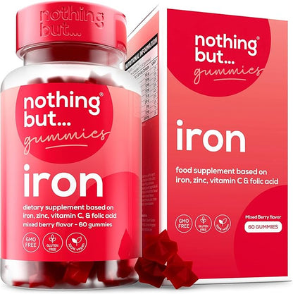 Natural Iron Supplement for Women and Men with a Delicious Mixed Berry Flavor - Chewable Vegan Iron Supplements w/Vitamin C, Zinc, Folic Acid & B Vitamins - 60 Iron Gummies for Anemia