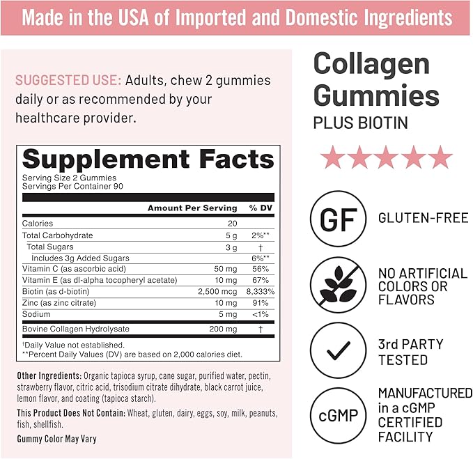 NatureWise Collagen Gummies - Hydrolyzed Collagen Gummies - Type 1 & 3 Peptides for Women + Biotin, Vitamin C, E, & Zinc for Hair Skin and Nails Support - 180 Count[3-Month Supply]