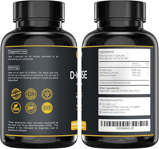 Urinary Tract Infection Treatments D Mannose 1000mg Capsules - Potent D-Mannose & Cranberry Pills with Hibiscus Extract - Strength Urinary Tract Support, Healthy Bladder Control (120 Capsules)