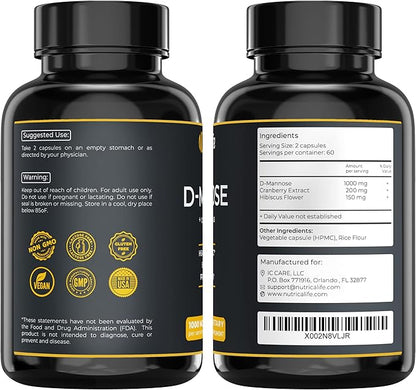Urinary Tract Infection Treatments D Mannose 1000mg Capsules - Potent D-Mannose & Cranberry Pills with Hibiscus Extract - Strength Urinary Tract Support, Healthy Bladder Control (120 Capsules)
