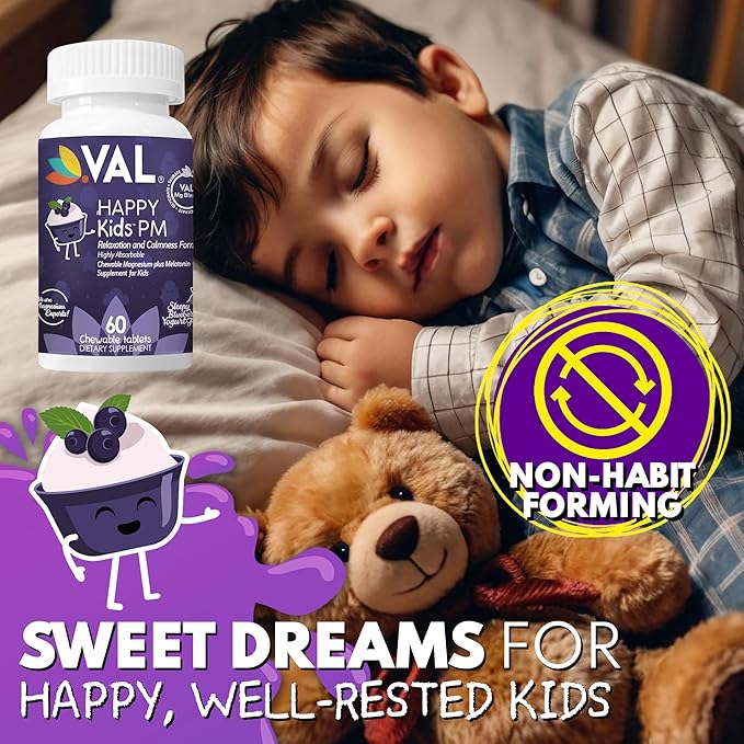 VAL Sugar-Free Calm Magnesium for Kids PM Chewable Tablets | Magnesium Glycinate, Citrate & Taurate | Melatonin & Vitamins B6 & C | Bedtime Support | Non-GMO | Blueberry Yogurt Flavor | 60 Count