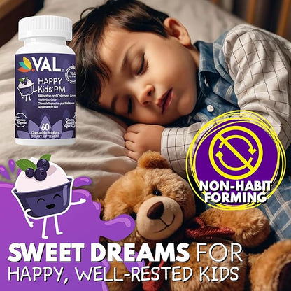 VAL Sugar-Free Calm Magnesium for Kids PM Chewable Tablets | Magnesium Glycinate, Citrate & Taurate | Melatonin & Vitamins B6 & C | Bedtime Support | Non-GMO | Blueberry Yogurt Flavor | 60 Count