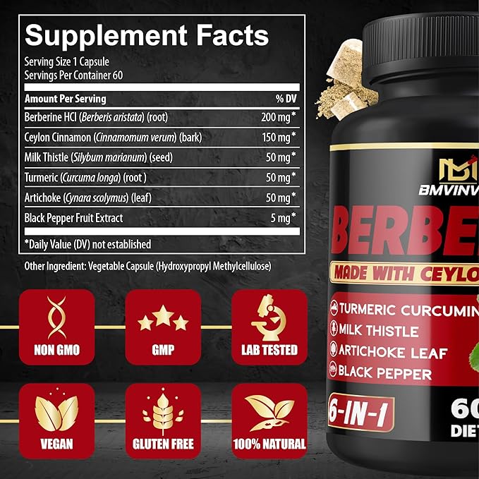 Berberine Supplement with Ceylon Cinnamon, Turmeric, Artichoke, Milk Thistle - Berberine HCl Supplement Pills - 60 Capsules [2-Month Supply]