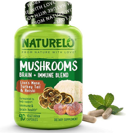 NATURELO Mushroom Supplement – Brain & Immune Health Blend with Lion’s Mane, Reishi, Turkey Tail – 90 Vegan Friendly Capsules