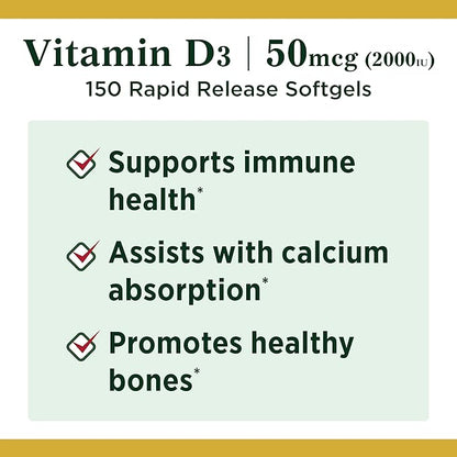 Nature's Bounty Vitamin D, Supports Immune Health & Bone Health, 2000IU Vitamin D3, 150 Softgels