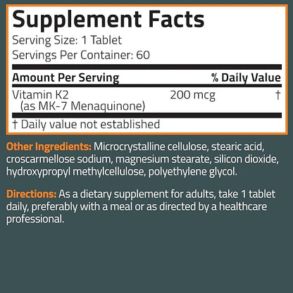 Bronson Vitamin K2 MK-7 200mcg Extra Strength, 60 Vegetarian Tablets