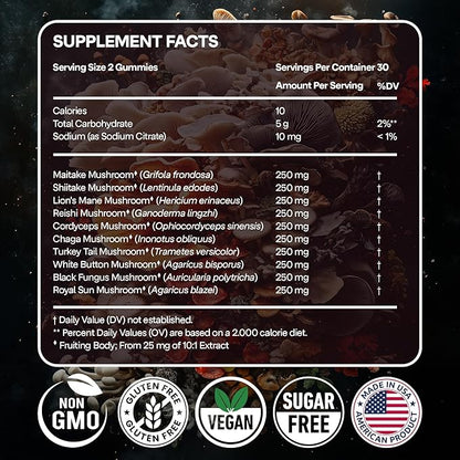 NAO Made in USA 10-in-1 Mushroom Gummies Nootropic – Premium Blend with Reishi, Lion’s Mane, Chaga, Cordyceps, Shiitake, Maitake & Turkey Tail for Brain, Immune & Energy Support –Non-GMO, Vegan