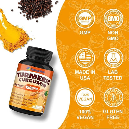 Turmeric Curcumin Supplement 1650mg Organic Turmeric Capsules with 95% Curcuminoids Black Pepper Bioperine, Immune Function, Healthy Joints & Comfort-60 Capsules