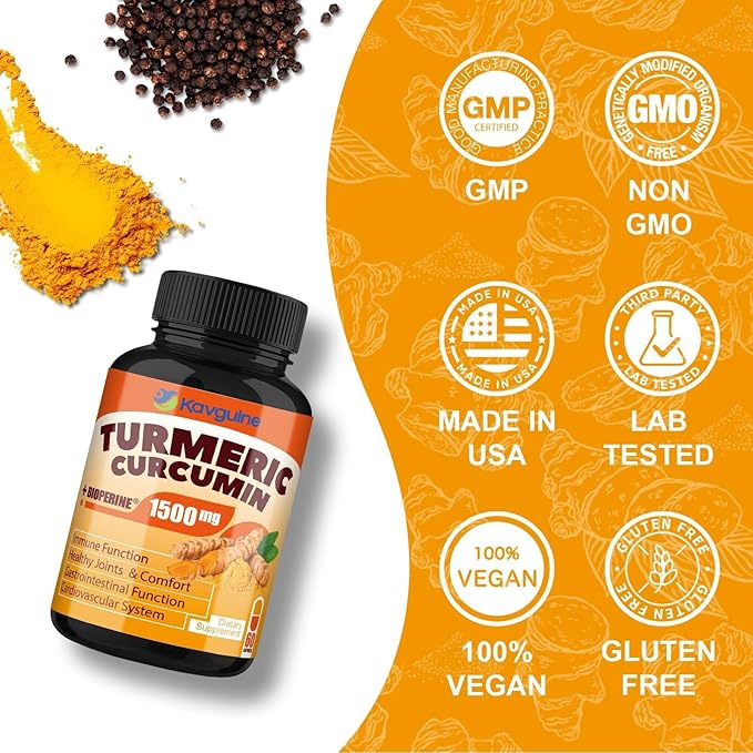 Turmeric Curcumin Supplement 1650mg Organic Turmeric Capsules with 95% Curcuminoids Black Pepper Bioperine, Immune Function, Healthy Joints & Comfort-60 Capsules
