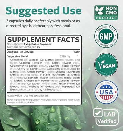 Super Greens Antioxidants Superfoods 2250mg Supplement - 20 Ingredients with Sprouts, Mushrooms, Roots, Garlic, Bitter Melon, Artichoke, Celery Seed, Cayenne pepper, Alfalfa NON GMO - 180 Capsules
