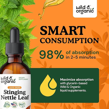 Wild & Organic Stinging Nettle Leaf Extract Drops - Urinary Tract Support - Liquid Stinging Nettle Supplement - Urtica Dioica Tincture - 2-Month Supply - Vegan, Sugar & Alcohol-Free - 2 fl oz