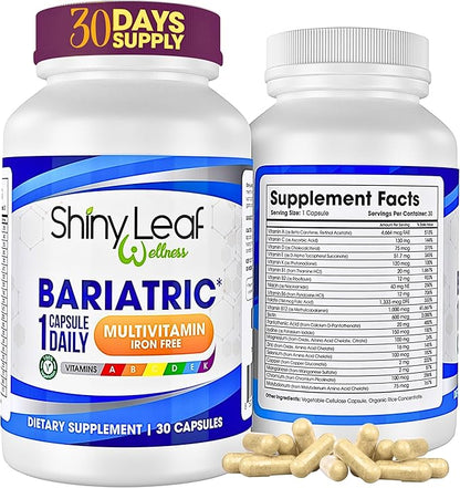 Shiny Leaf Bariatric Multivitamin Without Iron - Vitamins for Gastric Bypass & Sleeve, 1 Daily Capsule W Vitamin A, C, D, Biotin, Zinc, B12, K, Vegetarian, Soy-Free, GMP Cert., Made in USA (30 Ct.)