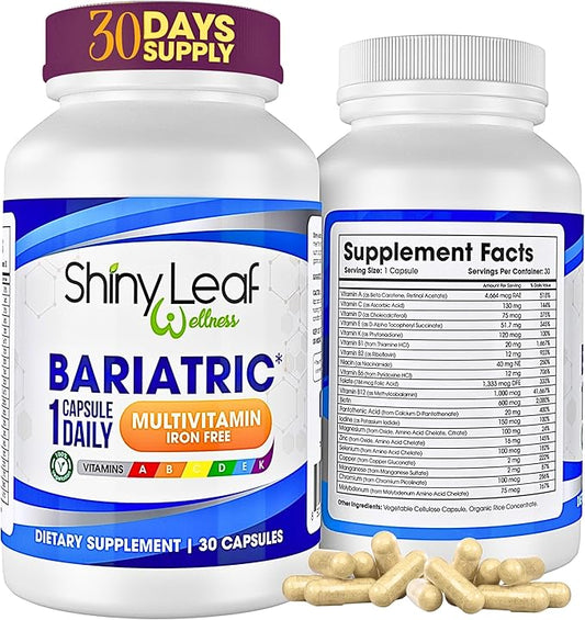 Shiny Leaf Bariatric Multivitamin Without Iron - Vitamins for Gastric Bypass & Sleeve, 1 Daily Capsule W Vitamin A, C, D, Biotin, Zinc, B12, K, Vegetarian, Soy-Free, GMP Cert., Made in USA (30 Ct.)