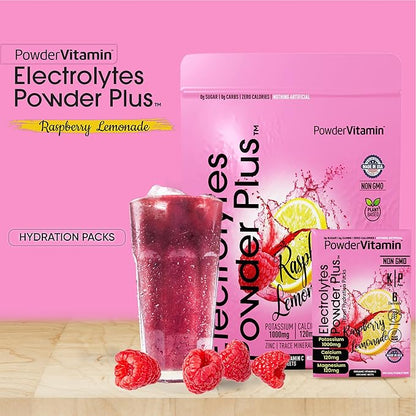 Electrolytes Powder Plus, Keto, Raspberry Lemonade, Sugar Free, Pink Himalayan Salt, 1000mg Potassium, 120mg Calcium, 120mg Magnesium, Non-GMO, Zero Calories, (16 Hydration Packets)