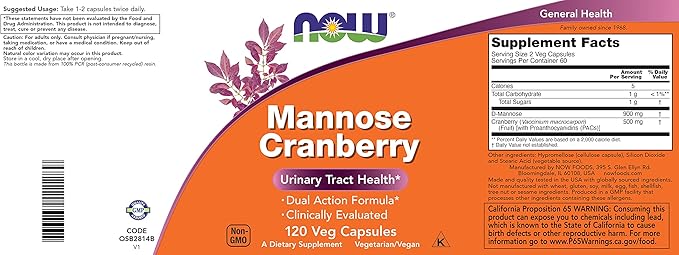 NOW Foods Mannose Cranberry, 120 Capsules (Pack of 2) - with PAC - 450mg dMannose, 250mg Whole Cranberry - Urinary Tract Health* - Vegan Friendly Supplement, Non-GMO