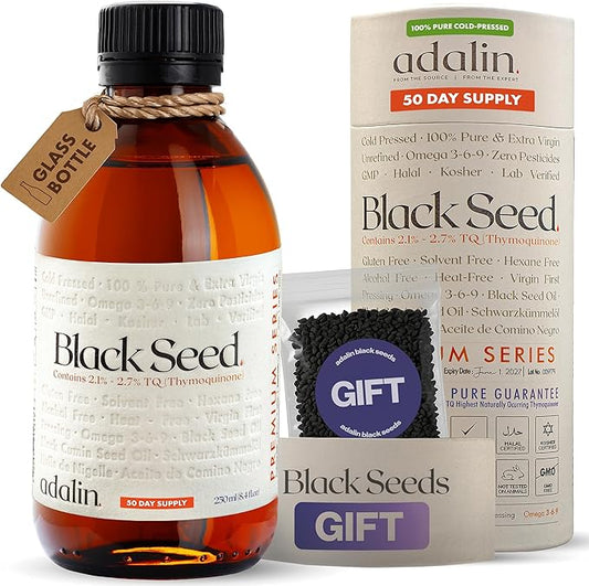 adalin Black Seed Oil Liquid 8.4 fl oz | Nigella Sativa Seed Oil | High Thymoquinone | Cold Pressed | Glass Bottle | Blackseed | Vegan | Gluten Free