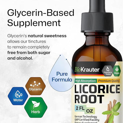 BIO KRAUTER Licorice Root Tincture - Licorice Root Extract for Digestive Support - Alcohol and Sugar Free - Vegan Drops 2 Fl.Oz.