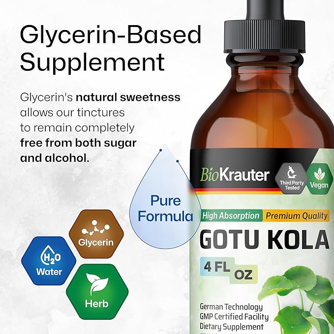 BIO KRAUTER Gotu Kola Tincture 4 Fl. Oz. & Brain Support Mushroom Tincture 4 Fl. Oz.