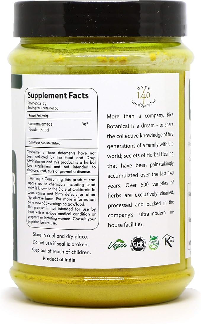 bixa BOTANICAL Mango Ginger Root Powder | Curcuma Amada | Ambehaldi ǀ Ayurvedic Herbal Supplement | 200 Grams / 7 OZ | Gluten Free, Non-GMO, Steam Treated, Vegan, 100% Pure.