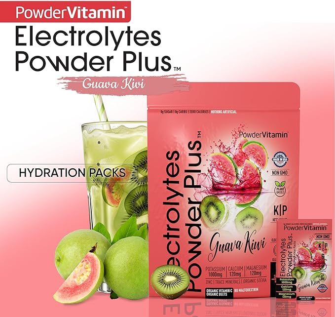 Electrolytes Powder Plus, Keto, Guava Kiwi, Sugar Free, Pink Himalayan Salt, 1000mg Potassium, 120mg Calcium, 120mg Magnesium, Non-GMO, Zero Calories, (16 Hydration Packets)