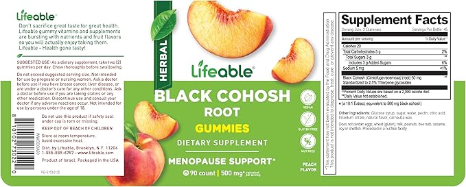 Lifeable Black Cohosh Gummies | 500 mg | Black Cohosh for Menopause Hot Flashes and Night Sweats Relief for Women | Non GMO and Vagan Herbal Supplements | 90 Gummies