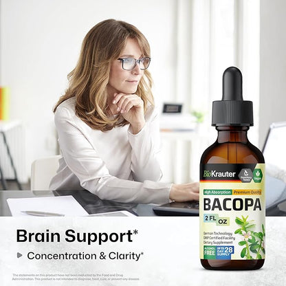 BIO KRAUTER Bacopa Monnieri Drops - Brain Support Brahmi Supplements - Liquid Bacopa Supplements - Alcohol & Sugar Free - Vegan 2 Fl.Oz.