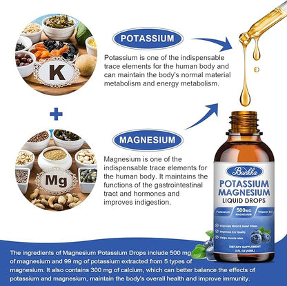 Potassium Magnesium Liquid Drops Supplement with Potassium, Magnesium,Calcium, Vitamin D3, Zinc, for Leg Cramps, Energy, Metabolism, for Adult and Kid,Sugar Free