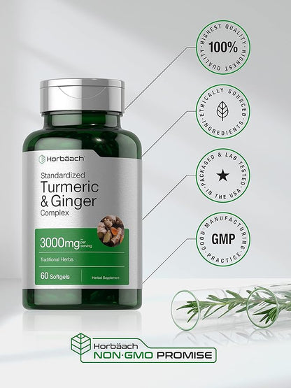 Horbäach Turmeric and Ginger Supplement 3000 mg | 60 Softgel Capsules | Turmeric Curcumin Complex with Black Pepper Extract | Non-GMO, Gluten Free