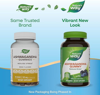 Nature's Way Ashwagandha Gummies, Reduce Stress with Adaptogenic Herb*, 125 mg Per 2-gummy Serving, Berry Flavored, 90 Gummies (Packaging May Vary)