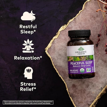 ORGANIC INDIA Peaceful Sleep Herbal Supplement - Deep Sleep Aid, Herbal Sleep Aid for Adults, Natural Sleep Aid Without Melatonin, Supports Sleep Cycles, USDA Certified Organic, Non-GMO - 90 Capsules