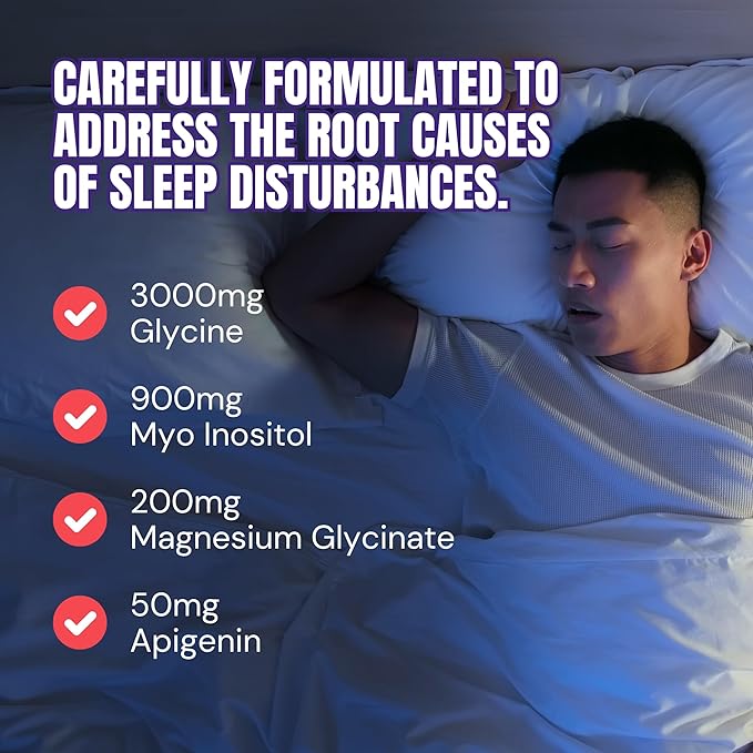 Natural Sleep Support Supplement with Magnesium Glycinate, Myo-Inositol, Apigenin & Glycine, Melatonin Free, Sleep Aid for Adults, Non GMO, Gluten Free, Vegan, Raspberry Lemon Flavor, 90 Svgs
