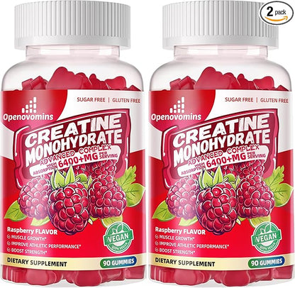 Creatine Monohydrate Gummies Complex for Men & Women -Advanced Formula W/L-Taurine + Vitamin B12, Sugar Free Chewable Supplement,180 Raspberry Gummies 2pack