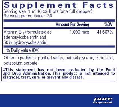 Pure Encapsulations Adenosyl/Hydroxy B12 Liquid 30 mL - Supports Energy Metabolism & Neurological Health* - for Brain Support* - Gluten Free - Vegan - 1 Fl Oz