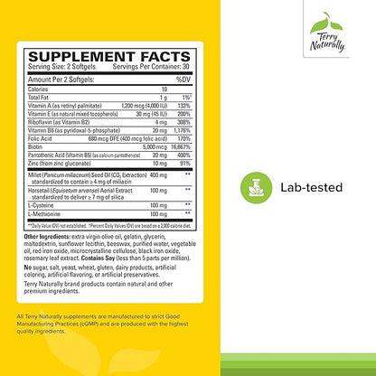 Terry Naturally Hair Renew Formula - Hair Growth Support Supplement with Horsetail Biotin & Folic Acid - Millet Seed Oil for Keratin Production Support - 60 Softgels