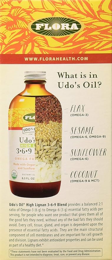 Flora - Udo's Oil High Lignan 3-6-9 Blend - Supports Immune, Brain, Eye & Heart Health - Contains Coconut, Sesame, Flaxseed & Sunflower Oils - Keep Chilled - Non-GMO & Vegan - 8.5 fl. oz.