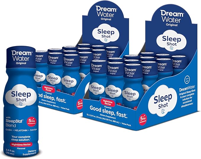 Dream Water Sleep Aid Supplement Drink; Melatonin 5mg, GABA, 5-HTP; Zero sugar, Natural flavors, No added colors, 2.5 oz liquid sleep shots, Nighttime Nectar, 24-Count