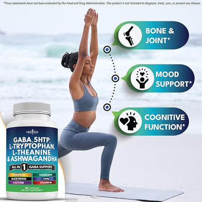 NEW AGE GABA 750mg 5 HTP 200mg L Tryptophan 500mg L Theanine 200mg Ashwagandha SAM-e L-Glycine - Vitamins for Women and Men with L-Tyrosine 5-HTP (5-Hydroxytryptophan) - 180 Count