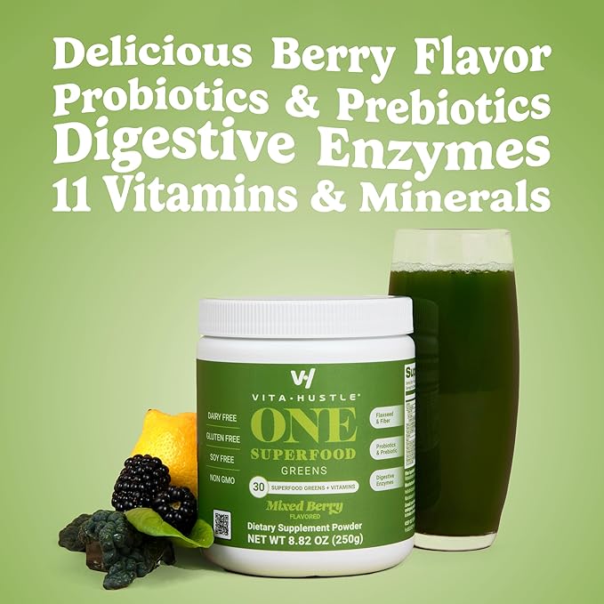 VitaHustle ONE Superfood Super Greens Powder with Prebiotics + Probiotics, Reduce Bloating, Detox, Gut Health, Spirulina, Chlorella, Digestive Enzymes (Berry Flavor, 25 Servings)