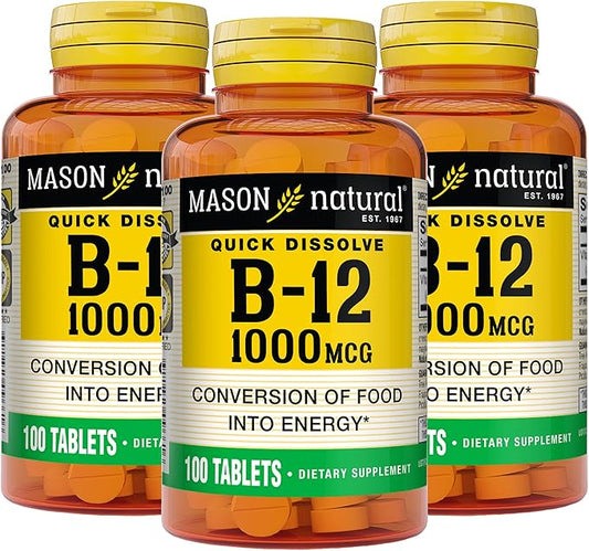 MASON NATURAL B-12 1000 mcg Quick Dissolve, 300 Day Supply for Healthy Conversion of Food into Energy (3 Pack)