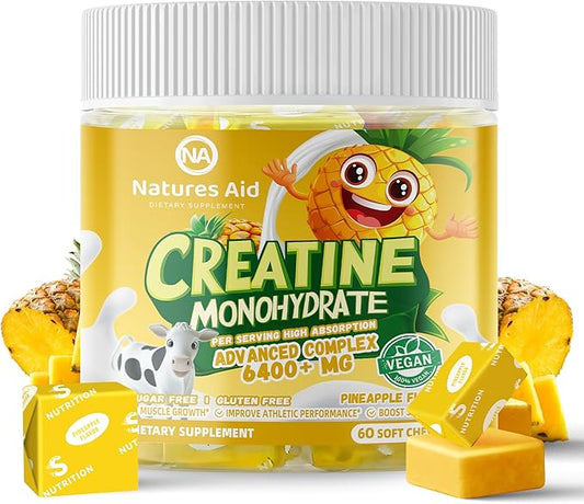 Creatine Monohydrate Chews Complex 6400mg for Men & Women -Advanced Formula W/L-Taurine + Vitamin B12, Sugar Free Chewable Supplement,60 Pineapple Softchews